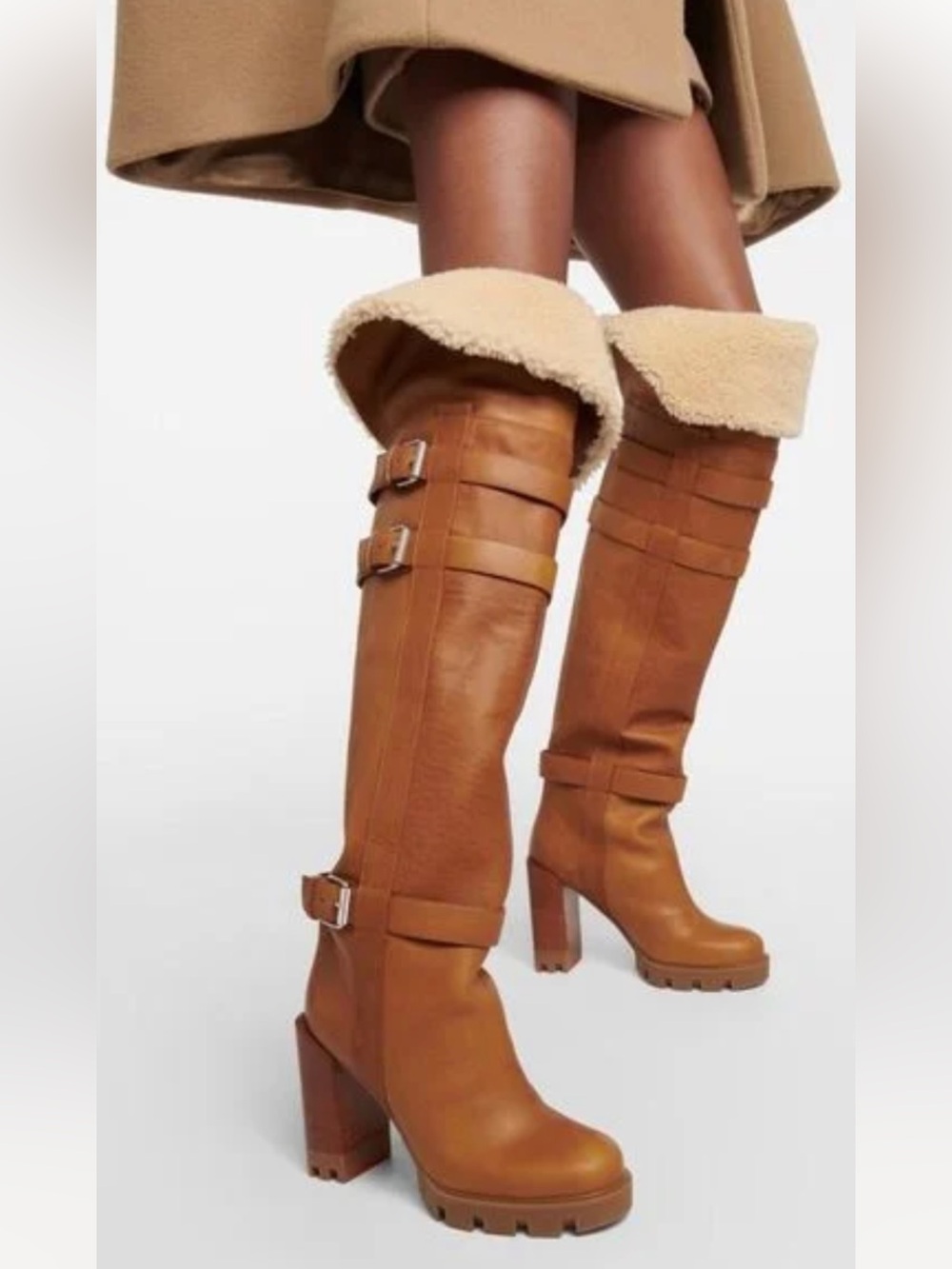 Christian Louboutin Brodeback Lug Shearling Over The Knee Buckle Boots 42